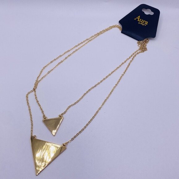 Aura Jewelry - Aura Gold Tone Triangle Pendant Double Chain Necklace 16” New